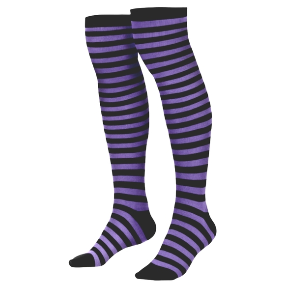 Over the Knee Striped Socks Black Purple Lavender OTK Thigh High Goth - Picture 4 of 10